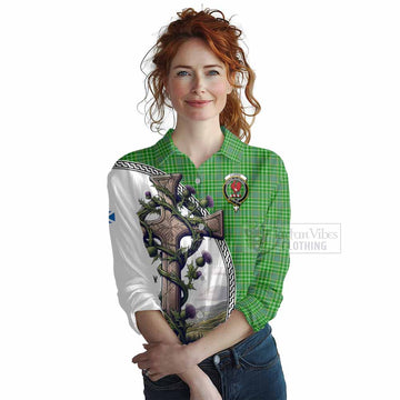 Currie Tartan Women's Casual Shirt with Family Crest and St. Andrew's Cross Accented by Thistle Vines Female - Tartan Vibes Clothing