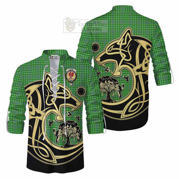 Currie Tartan Ghillie Kilt Shirt with Family Crest Celtic Wolf Style Men - Tartan Vibes Clothing