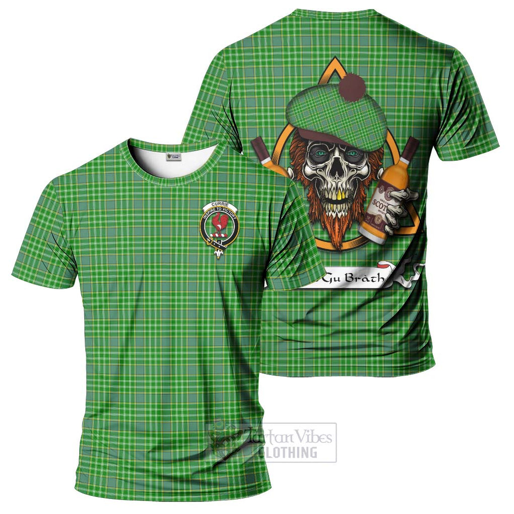 Tartan Vibes Clothing Currie Tartan T-Shirt with Family Crest and Bearded Skull Holding Bottles of Whiskey