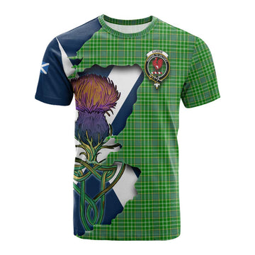 Currie Tartan Family Crest Cotton T-shirt Scottish Thistle Celtic Inspired