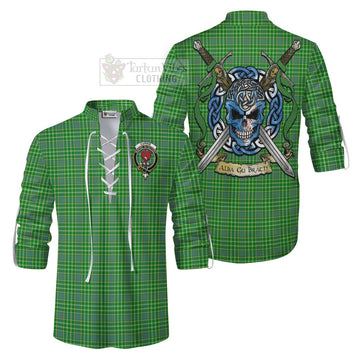 Currie Tartan Ghillie Kilt Shirt with Family Crest Celtic Skull Style Men - Tartan Vibes Clothing