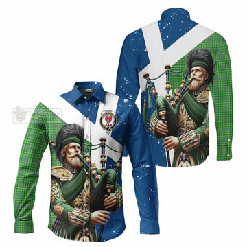 Currie Tartan Long Sleeve Button Shirt with Family Crest Scottish Bagpiper Vibes Men's Shirt - Tartan Vibes Clothing