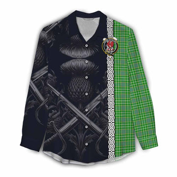 Currie Tartan Women's Casual Shirt with Family Crest Cross Sword Thistle Celtic Vibes Female - Tartan Vibes Clothing