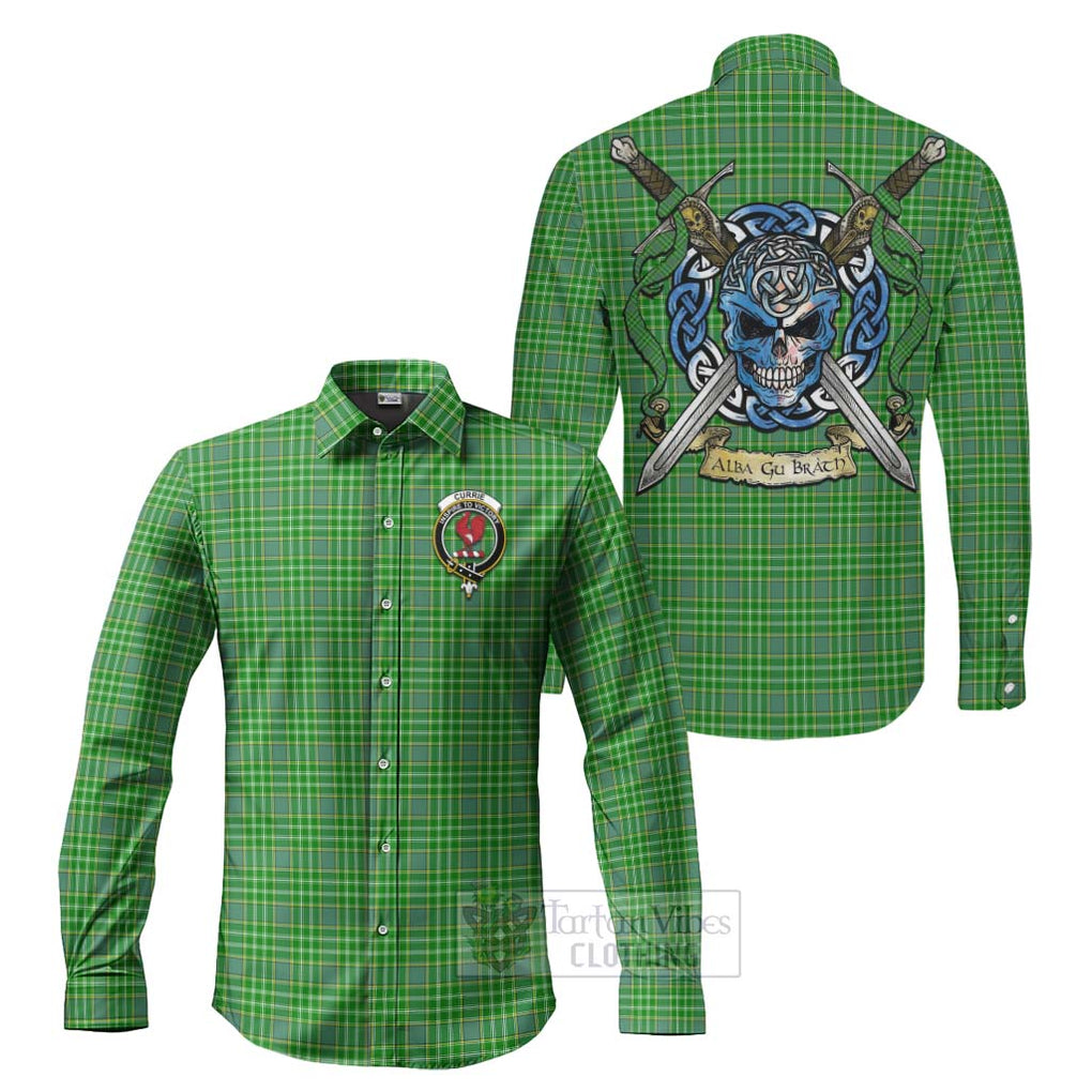 Currie Tartan Long Sleeve Button Shirt with Family Crest Celtic Skull Style Men's Shirt S - Tartan Vibes Clothing