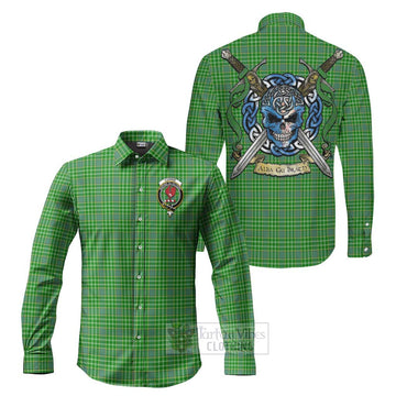 Currie Tartan Long Sleeve Button Shirt with Family Crest Celtic Skull Style Men's Shirt S - Tartan Vibes Clothing
