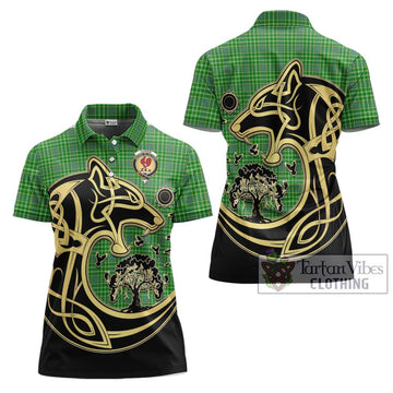 Currie Tartan Women's Polo Shirt with Family Crest Celtic Wolf Style Women - Tartan Vibes Clothing
