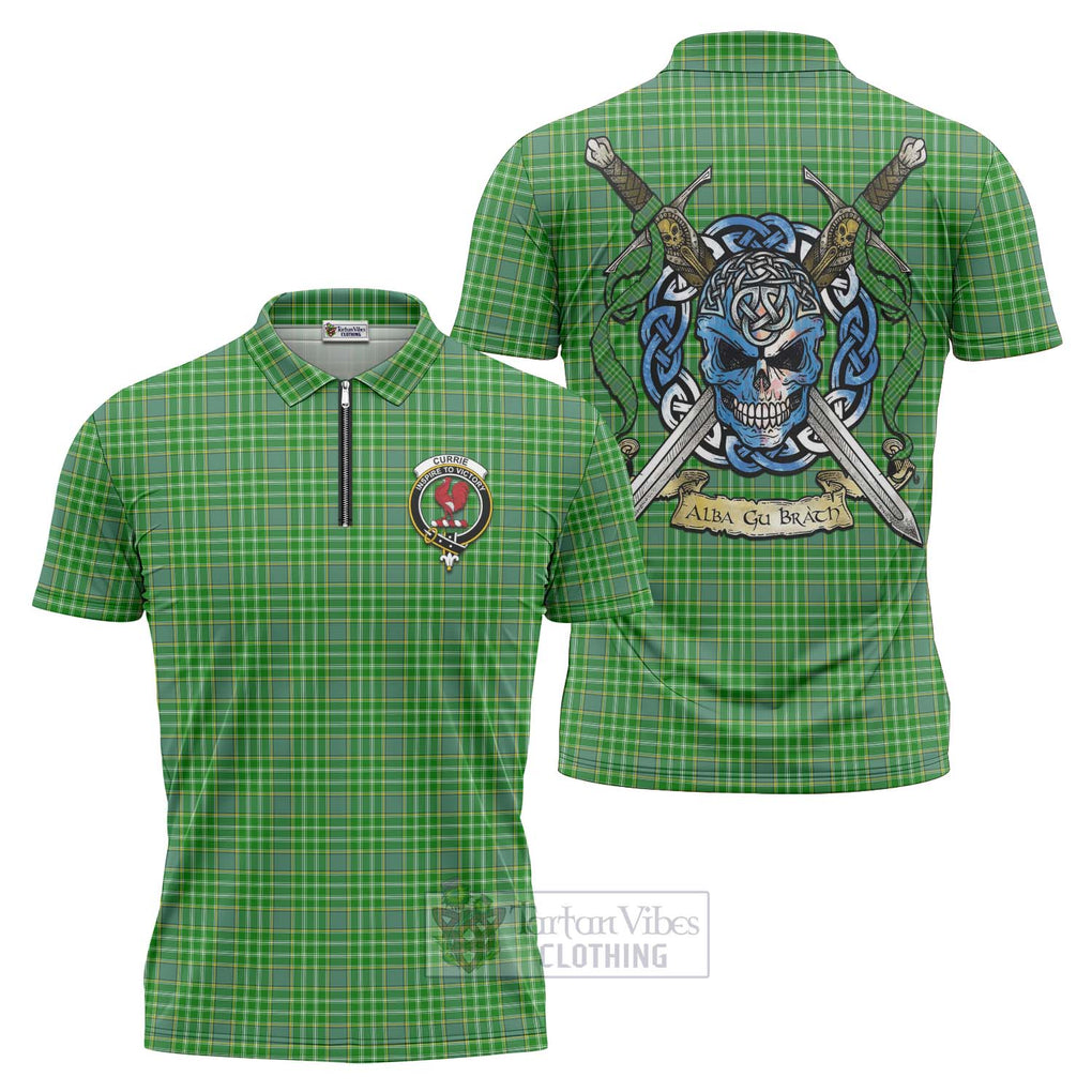 Currie Tartan Zipper Polo Shirt with Family Crest Celtic Skull Style Unisex - Tartan Vibes Clothing