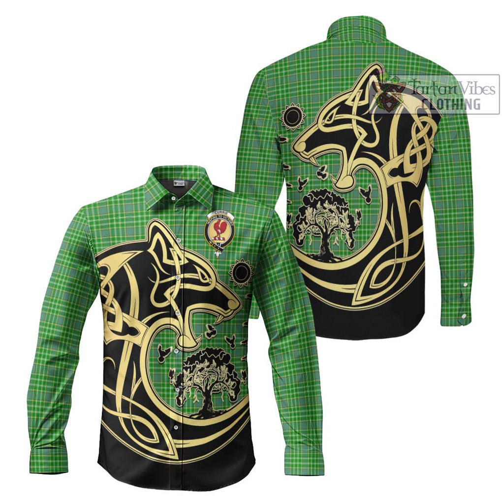 Currie Tartan Long Sleeve Button Shirt with Family Crest Celtic Wolf Style Men's Shirt S - Tartan Vibes Clothing