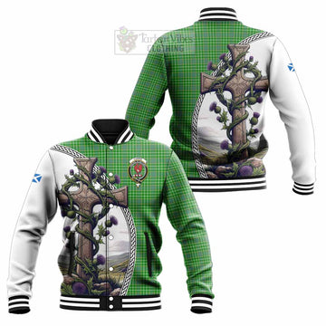 Currie Tartan Baseball Jacket with Family Crest and St. Andrew's Cross Accented by Thistle Vines Unisex - Tartan Vibes Clothing