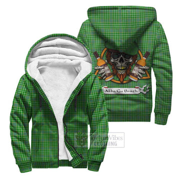 Currie Tartan Sherpa Hoodie with Family Crest and Bearded Skull Holding Bottles of Whiskey Unisex S - Tartan Vibes Clothing
