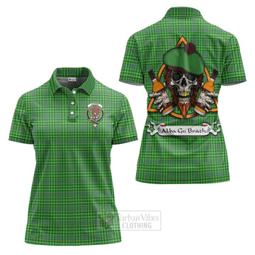 Currie Tartan Women's Polo Shirt with Family Crest and Bearded Skull Holding Bottles of Whiskey Women - Tartan Vibes Clothing