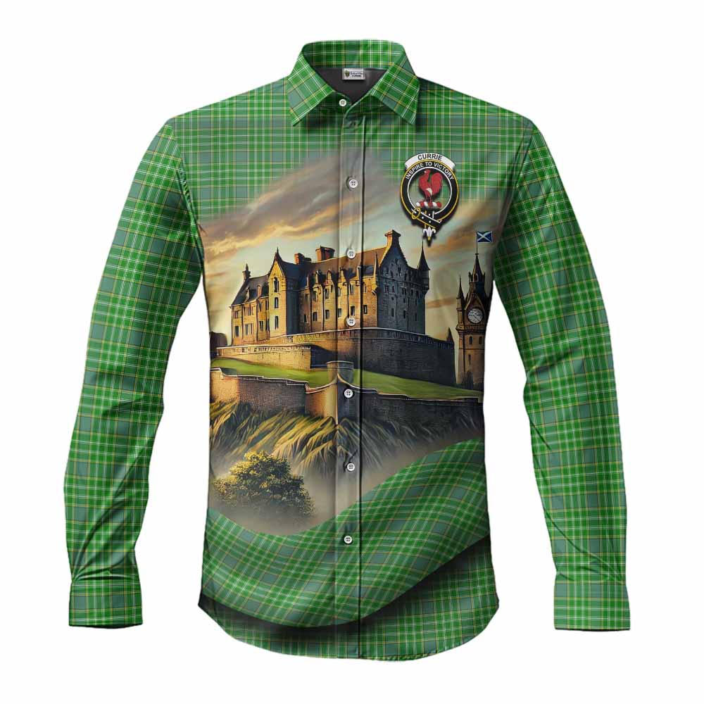 Tartan Vibes Clothing Currie Tartan Family Crest Long Sleeve Button Shirt with Scottish Ancient Castle Style