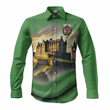 Tartan Vibes Clothing Currie Tartan Family Crest Long Sleeve Button Shirt with Scottish Ancient Castle Style