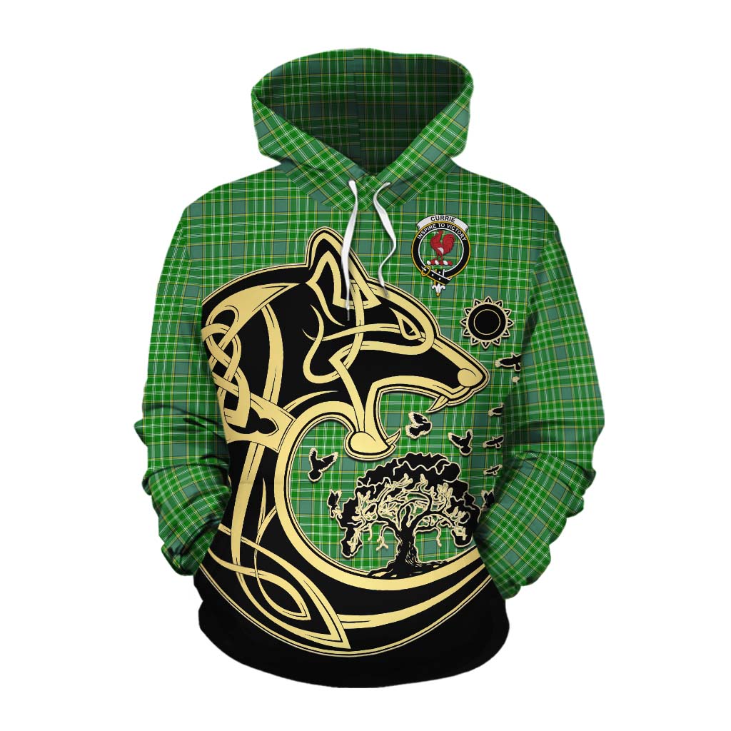 Currie Tartan Cotton Hoodie with Family Crest Celtic Wolf Style Pullover Hoodie XS - Tartan Vibes Clothing