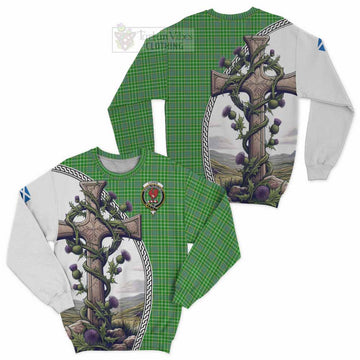 Currie Tartan Sweatshirt with Family Crest and St. Andrew's Cross Accented by Thistle Vines Unisex - Tartan Vibes Clothing