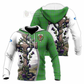 Currie Tartan Knitted Hoodie with Family Crest and St. Andrew's Cross Accented by Thistle Vines Unisex Knitted Pullover Hoodie - Tartan Vibes Clothing