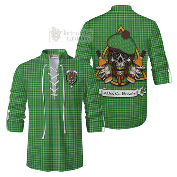 Currie Tartan Ghillie Kilt Shirt with Family Crest and Bearded Skull Holding Bottles of Whiskey Men - Tartan Vibes Clothing