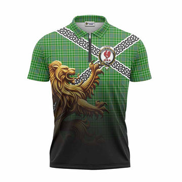 Currie Crest Tartan Zipper Polo Shirt with Golden Lion Emblem Celtic Style Unisex - Tartan Vibes Clothing