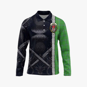 Currie Tartan Long Sleeve Polo Shirt with Family Crest Cross Sword Thistle Celtic Vibes Unisex - Tartan Vibes Clothing