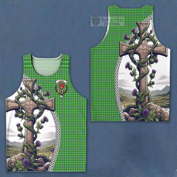 Currie Tartan Men's Tank Top with Family Crest and St. Andrew's Cross Accented by Thistle Vines Men - Tartan Vibes Clothing