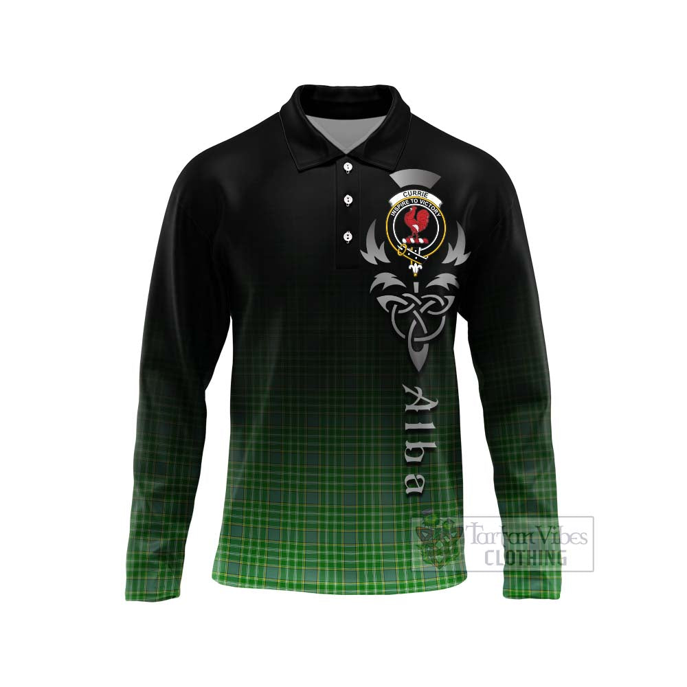 Currie Tartan Long Sleeve Polo Shirt Featuring Alba Gu Brath Family Crest Celtic Inspired Unisex - Tartan Vibes Clothing