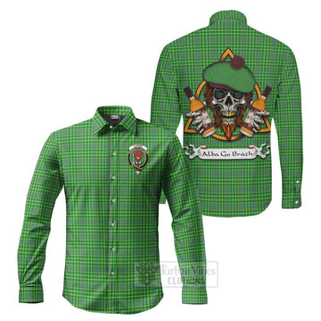 Currie Tartan Long Sleeve Button Shirt with Family Crest and Bearded Skull Holding Bottles of Whiskey Men's Shirt S - Tartan Vibes Clothing