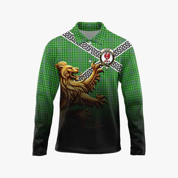Currie Crest Tartan Long Sleeve Polo Shirt with Golden Lion Emblem Celtic Style Unisex - Tartan Vibes Clothing
