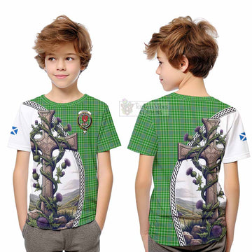 Currie Tartan Kid T-Shirt with Family Crest and St. Andrew's Cross Accented by Thistle Vines Youth XL Size14 - Tartan Vibes Clothing