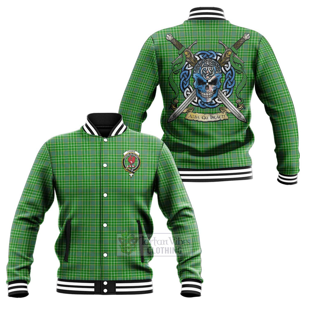 Currie Tartan Baseball Jacket with Family Crest Celtic Skull Style Unisex - Tartan Vibes Clothing