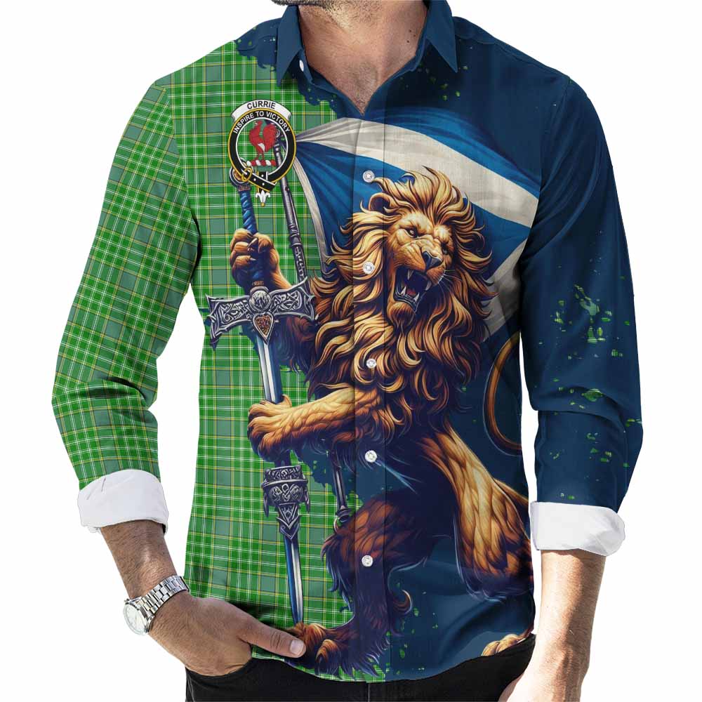 Currie Tartan Family Crest Long Sleeve Button Shirt with Scottish Majestic Lion Men's Shirt S - Tartan Vibes Clothing