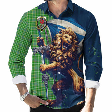 Currie Tartan Family Crest Long Sleeve Button Shirt with Scottish Majestic Lion Men's Shirt S - Tartan Vibes Clothing