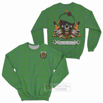 Currie Tartan Sweatshirt with Family Crest and Bearded Skull Holding Bottles of Whiskey Unisex - Tartan Vibes Clothing