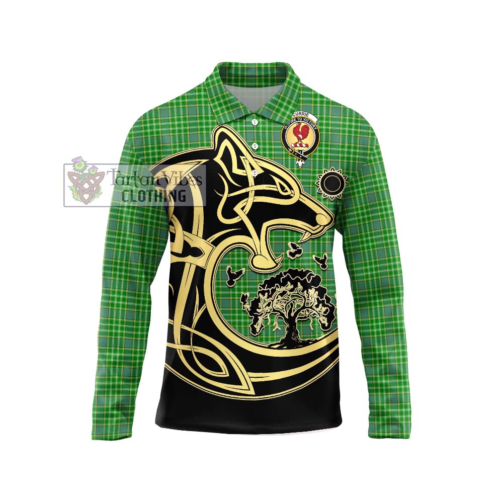 Currie Tartan Long Sleeve Polo Shirt with Family Crest Celtic Wolf Style Unisex - Tartan Vibes Clothing