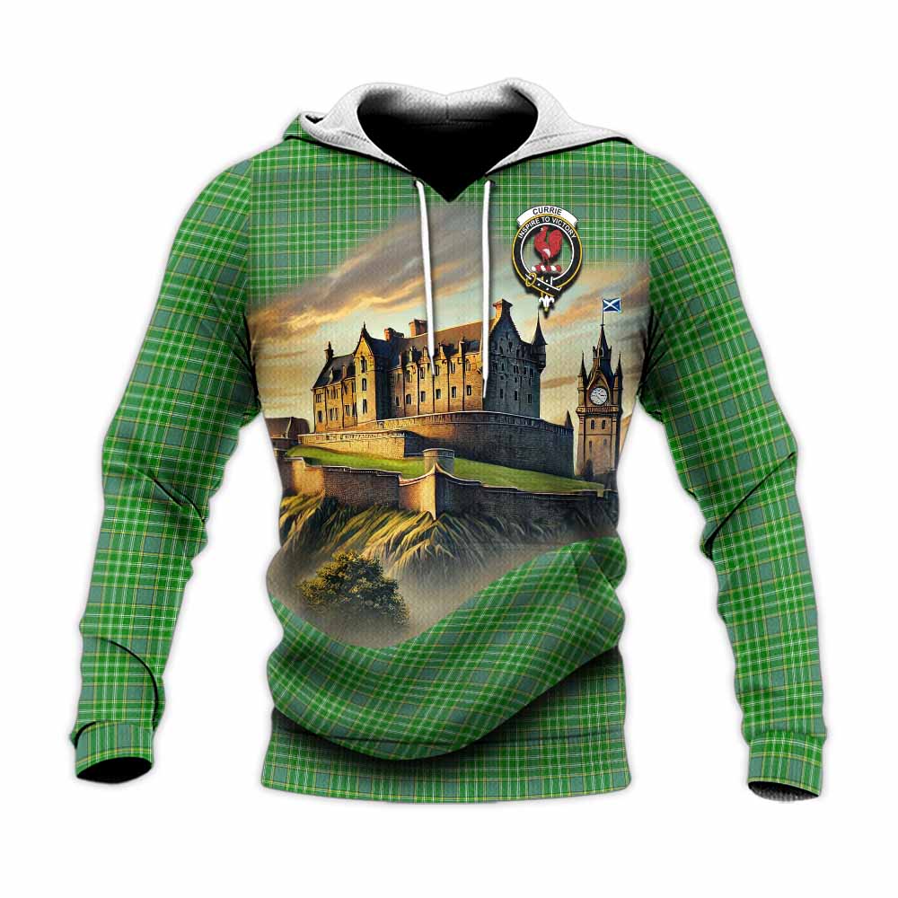 Currie Tartan Family Crest Knitted Hoodie with Scottish Ancient Castle Style Unisex Knitted Pullover Hoodie - Tartan Vibes Clothing