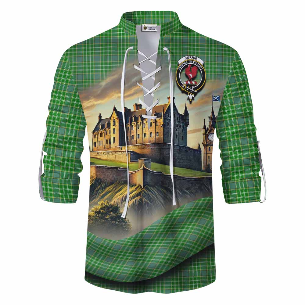 Currie Tartan Family Crest Ghillie Kilt Shirt with Scottish Ancient Castle Style Men - Tartan Vibes Clothing