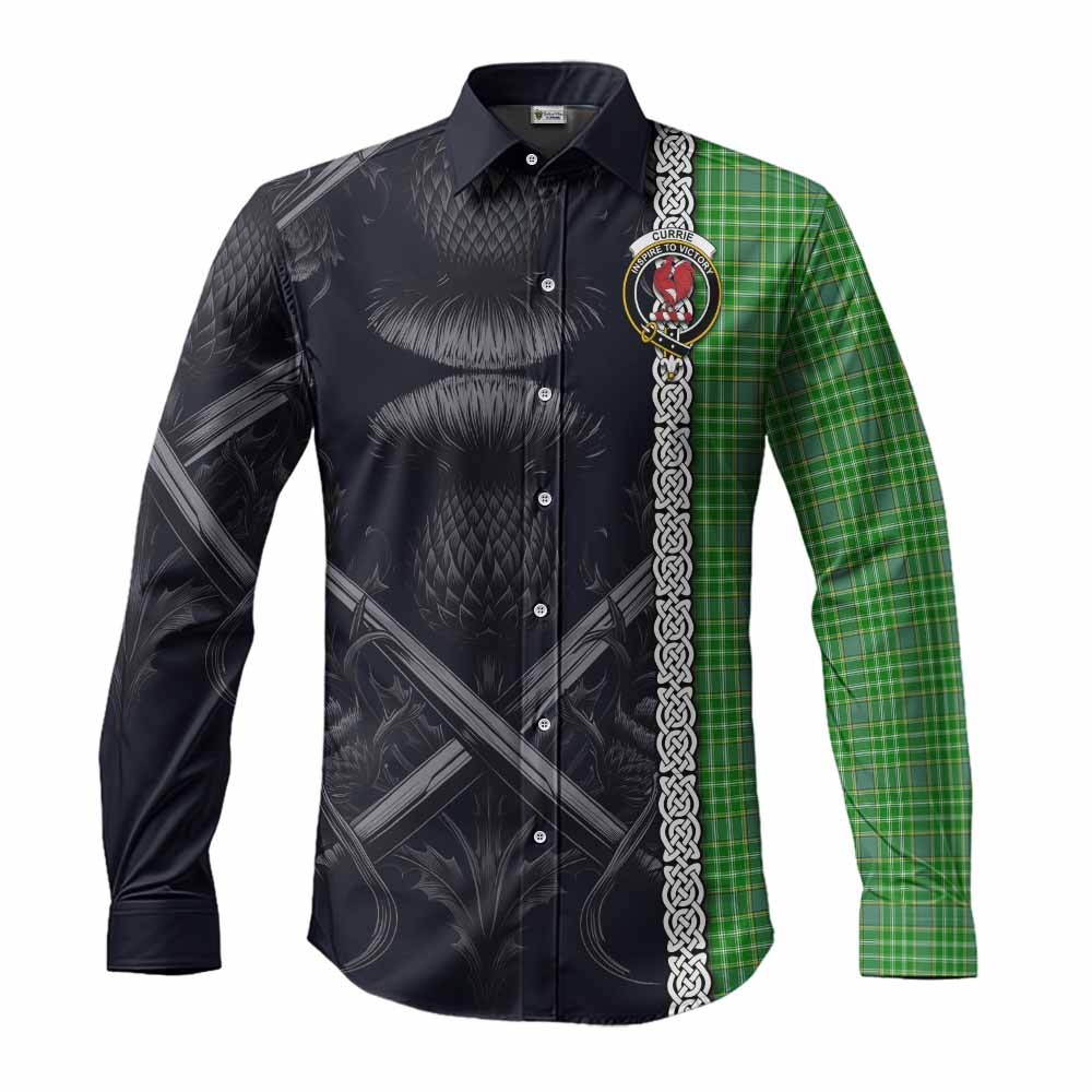 Tartan Vibes Clothing Currie Tartan Long Sleeve Button Shirt with Family Crest Cross Sword Thistle Celtic Vibes