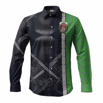 Tartan Vibes Clothing Currie Tartan Long Sleeve Button Shirt with Family Crest Cross Sword Thistle Celtic Vibes