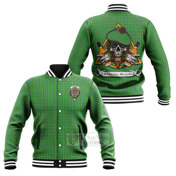 Currie Tartan Baseball Jacket with Family Crest and Bearded Skull Holding Bottles of Whiskey Unisex - Tartan Vibes Clothing
