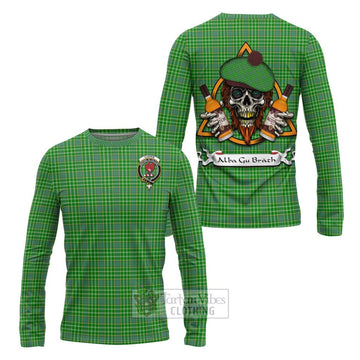 Currie Tartan Long Sleeve T-Shirt with Family Crest and Bearded Skull Holding Bottles of Whiskey Unisex - Tartan Vibes Clothing