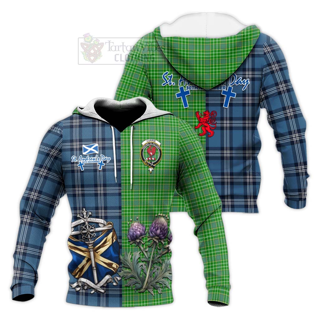 Currie Tartan Knitted Hoodie Happy St. Andrew's Day Half Tartan Style Unisex Knitted Pullover Hoodie - Tartan Vibes Clothing