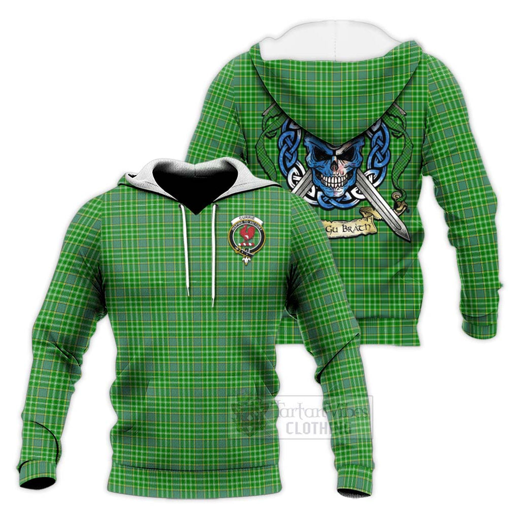 Currie Tartan Knitted Hoodie with Family Crest Celtic Skull Style Unisex Knitted Pullover Hoodie - Tartan Vibes Clothing