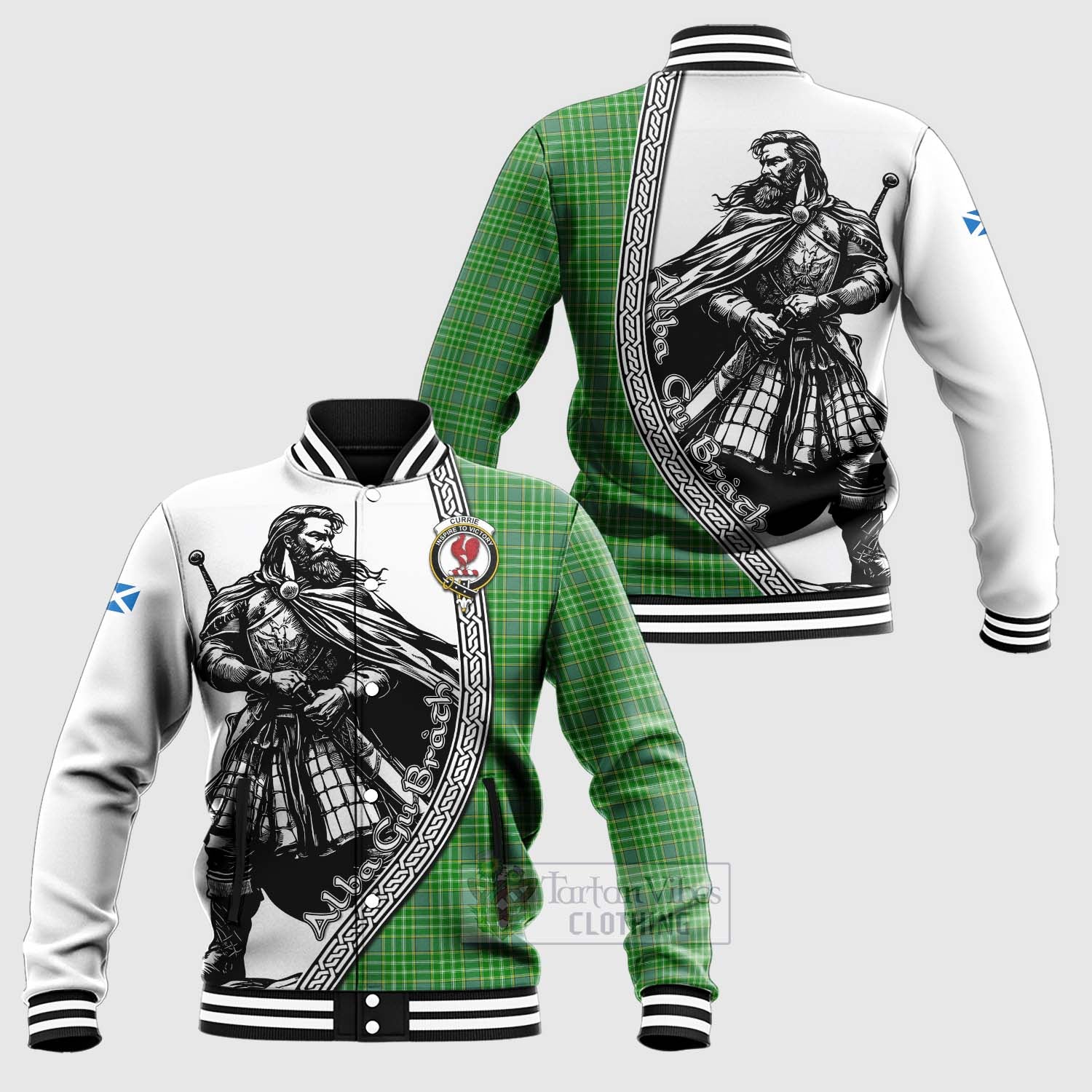 Currie Tartan Clan Crest Baseball Jacket with Highlander Warrior Celtic Style Unisex - Tartan Vibes Clothing