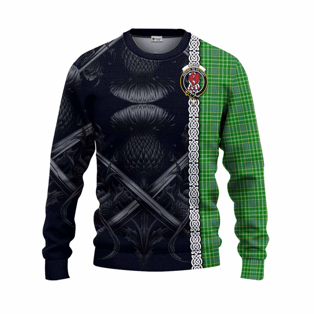 Currie Tartan Knitted Sweater with Family Crest Cross Sword Thistle Celtic Vibes Unisex - Tartan Vibes Clothing