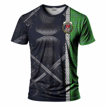 Currie Tartan T-Shirt with Family Crest Cross Sword Thistle Celtic Vibes