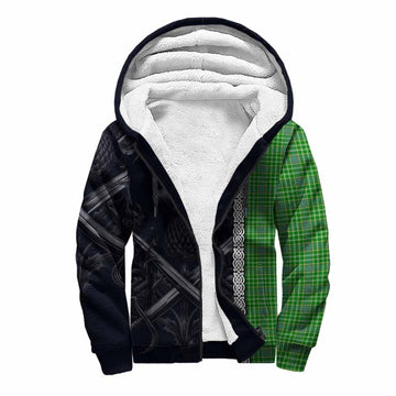 Currie Tartan Sherpa Hoodie with Family Crest Cross Sword Thistle Celtic Vibes Unisex S - Tartan Vibes Clothing