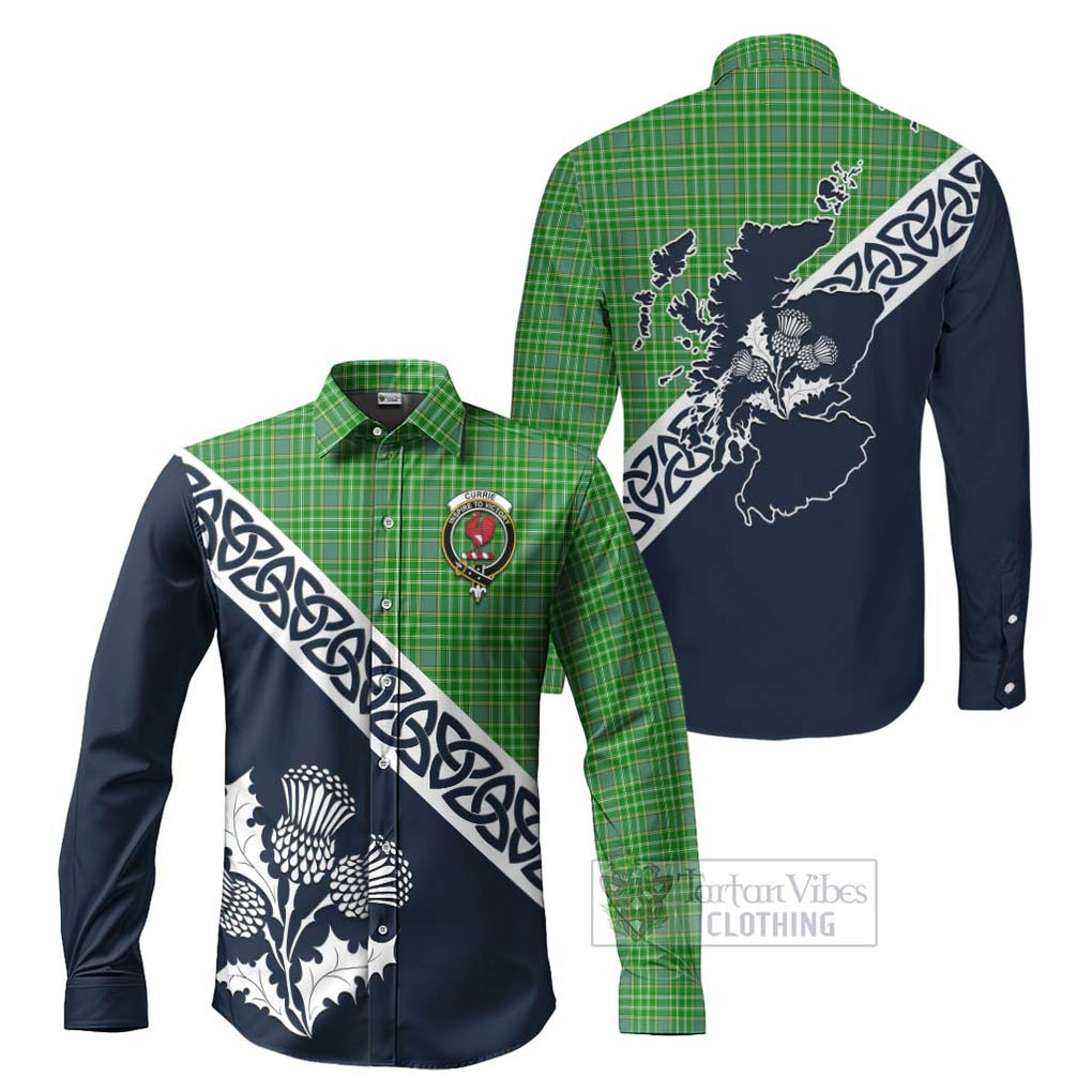 Currie Tartan Long Sleeve Button Shirt Featuring Thistle and Scotland Map Men's Shirt S - Tartan Vibes Clothing