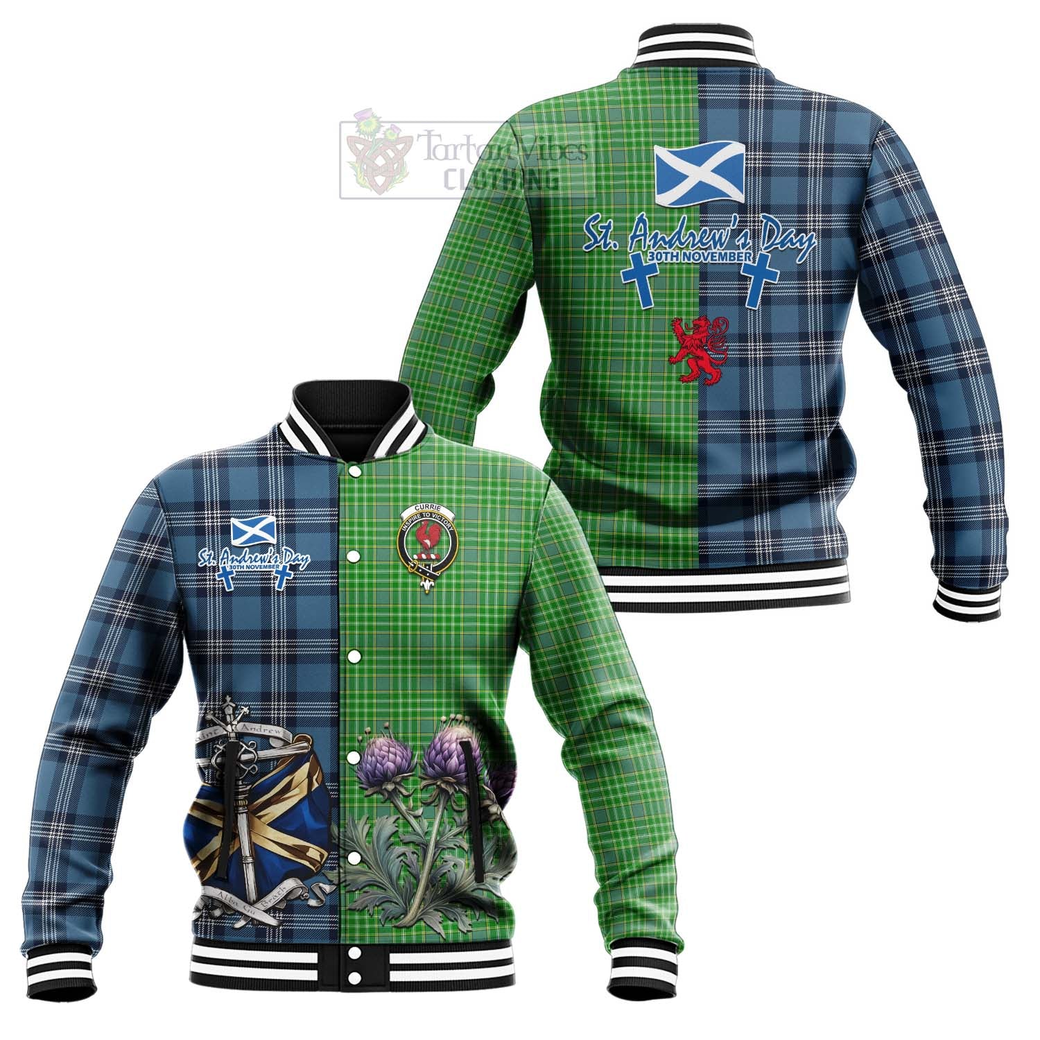 Currie Tartan Baseball Jacket Happy St. Andrew's Day Half Tartan Style Unisex - Tartan Vibes Clothing