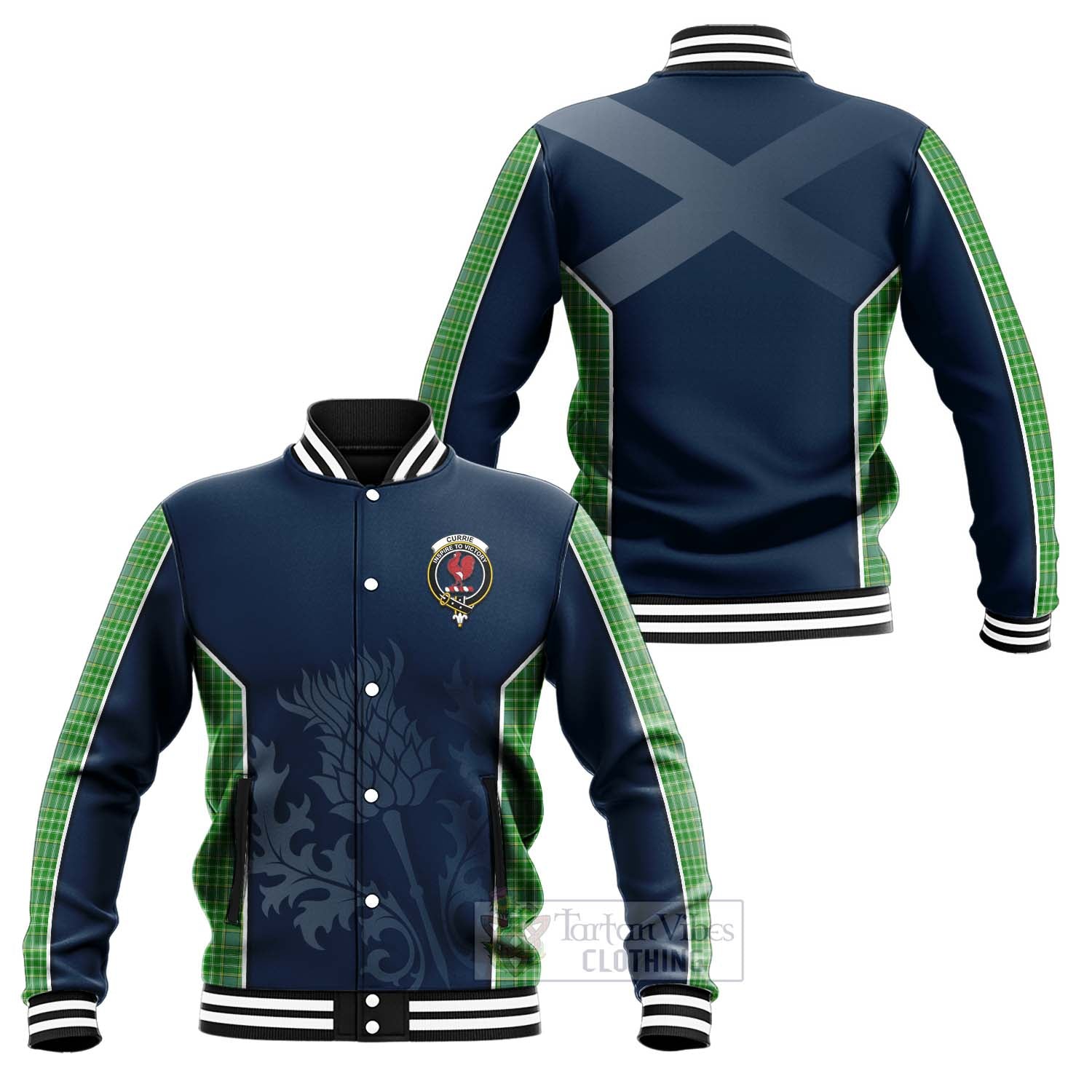 Currie Tartan Baseball Jacket with Family Crest and Scottish Thistle Vibes Sport Style Unisex - Tartan Vibes Clothing