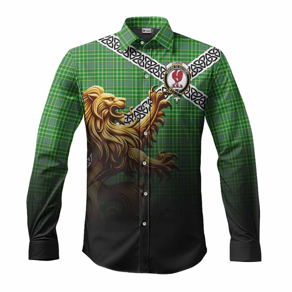 Currie Crest Tartan Long Sleeve Button Shirt with Golden Lion Emblem Celtic Style Men's Shirt S - Tartan Vibes Clothing