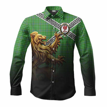 Currie Crest Tartan Long Sleeve Button Shirt with Golden Lion Emblem Celtic Style Men's Shirt S - Tartan Vibes Clothing